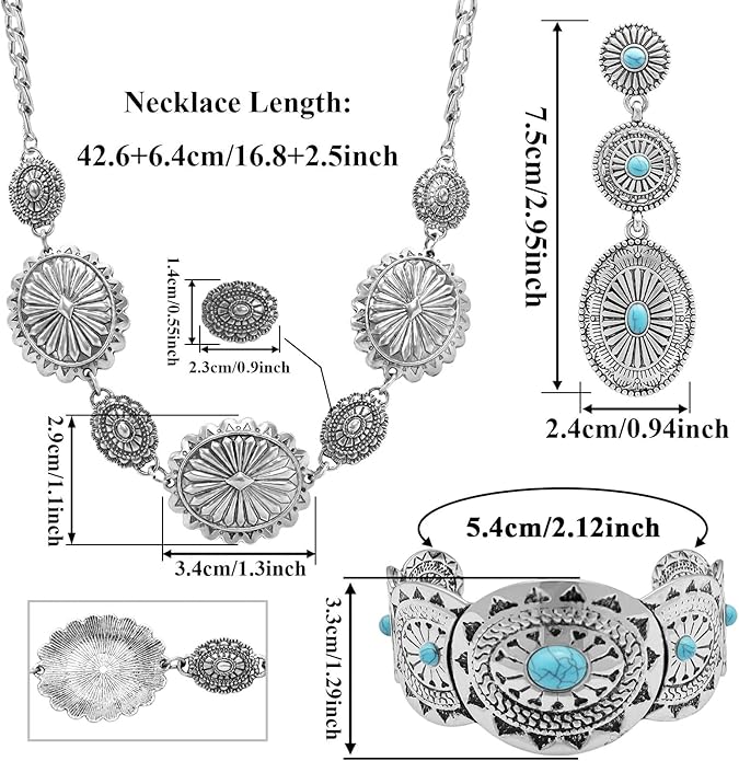 3 Pcs Western Concho Costume Jewelry Set for Women Western Dangle Earrings Boho Choker Necklace Bohemian Cuff Bracelet Cowboy Chic Country Concert Outfits for Women Christmas Jewelry Gift