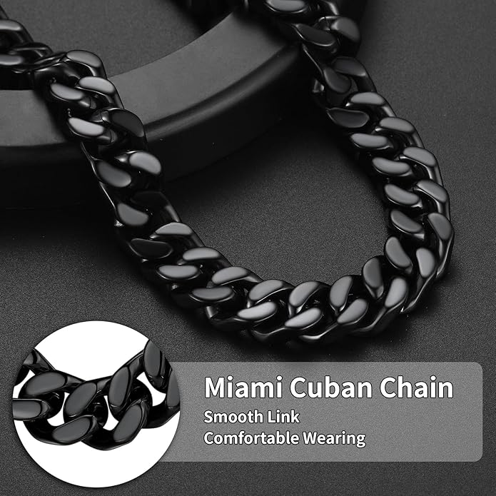 ChainsHouse Stainless Steel Mens Cuban Link Chain, Black/ 18K Gold Plated Miami Cuban Chain Necklace, 5mm/7mm/9mm/12mm/14mm Width, No Tarnish& Durable Hip Hop Mens Jewelry, 18"-30", Send Gift Box