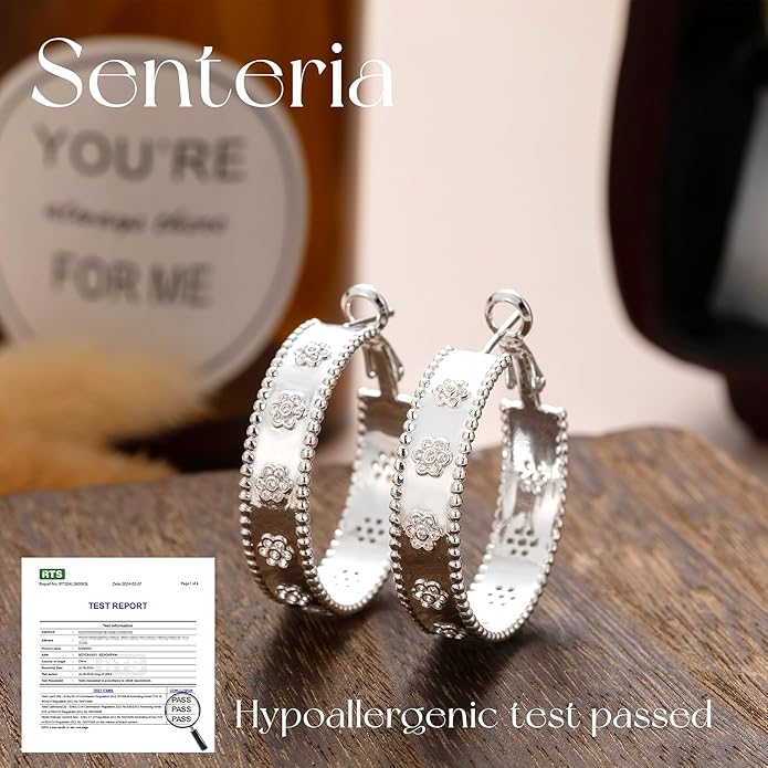 Senteria 8mm Wide 925 Sterling Silver Hoop Earrings for Women Hypoallergenic Chunky Silver Hoop Earrings with Flower Large Thick Hoops Earring Lightweight 14K Gold Plated Hoops for Women 25/30/40/50mm