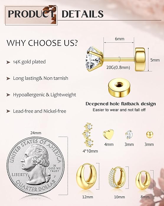 Hypoallergenic 14K Gold Plated Hoop Stud Earrings for Women Surgical Stainless Steel Flat Back Earrings Lightweight Small Chunky Huggie Hoops Cartilage Earring Stacks for Multiple Piercing Women Gifts
