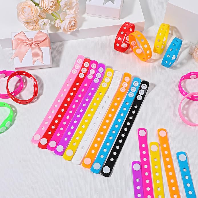 60 Pcs 10 Colors Silicone Bracelets Wristbands, 8.3 Inch Cute Silicone Adjustable Wristband, Adjustable Rubber Bracelets with Holes in Bulk, for Swimming Identify Shoe Charms Party Birthday Gifts