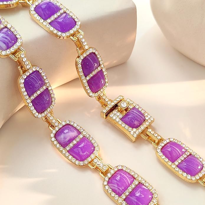 Chunky Necklace for Women 12 Colors Diamond Stone Gold Statement Necklace for Women Full Trendy Blue Birthstone Choker Necklace for Women Square Design Necklace Jewelry