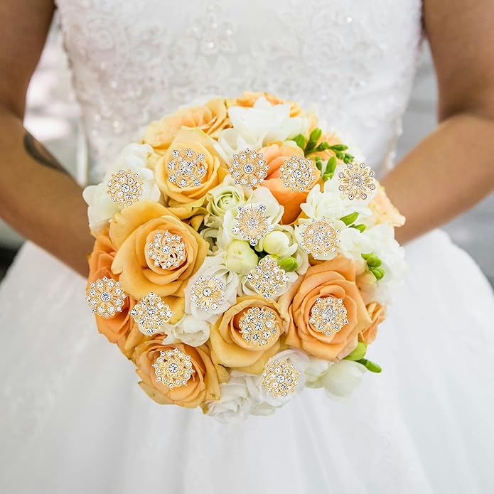 Assorted Small Size Crystal Rhinestone Flower Brooch Pins Set for Crafts Embellishment, Wedding Bouquet Brooches for Women Fashion