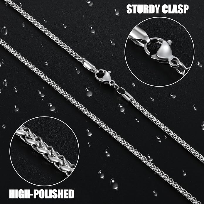 Fiusem Black Wheat Chains for Men and Women, 2/2.5/3/4/5mm Stainless Steel Necklace Chain, Mens Necklace Jewelry Gift 16-28 Inch