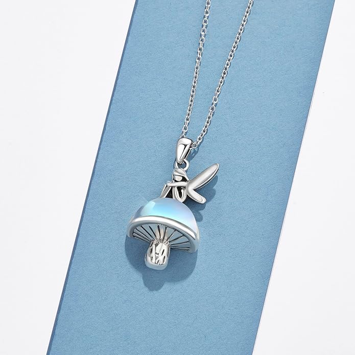 YAFEINI Mushroom Necklace Moonstone/Moss Agate/Malachite/Labradorite/Turquoise/Amber/Larimar/Black Onyx/Lapis Lazuli/Peridot/Opal Sterling Silver Mushroom Pendant Mother's Day Jewelry for Women Mom