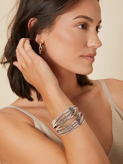 Gold Cuff Bracelet for Women Chunky Multi-layer Cross Wire Open Bracelet Hollow Wide Cuff Bracelets Adjustable Gold Open Cuff Bangle Bracelet
