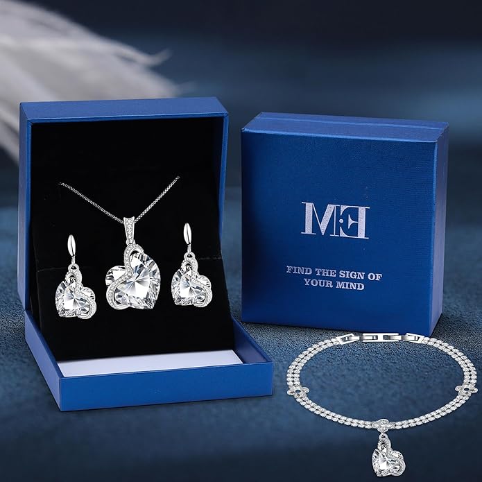 Blissful Heart Crystal Jewelry Sets For Women 18K White Gold Plated Bracelet Necklace and Earrings Sets for Wife Girlfriend or Mothers Idea Gift for Special Women in Life