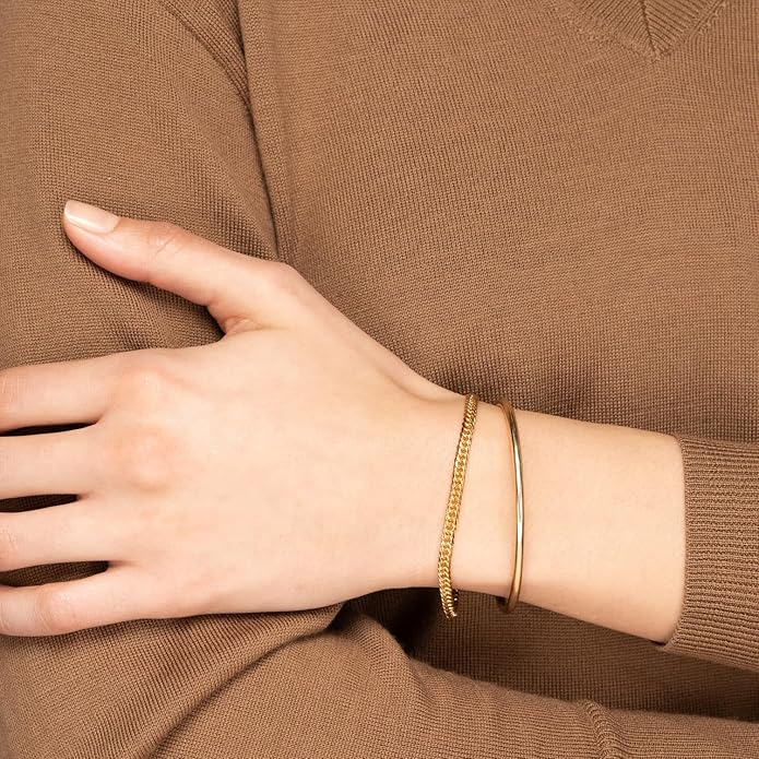 Kainier 3mm 14K Gold Plated Bracelet Stainless Steel Glossy Stackable Thin Round Bangle Bracelet for Women Solid Plain Polished Bracelet Best Gifts for Love