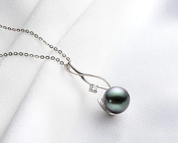 DENGGUANG Tahitian Black Pearl Necklace for Women Genuine 9-10mm Round Tahitian Cultured Pearls Pendant 18K Gold Plated 925 Sterling Silver - Jewelry Gifts for Mom Wife Daughter