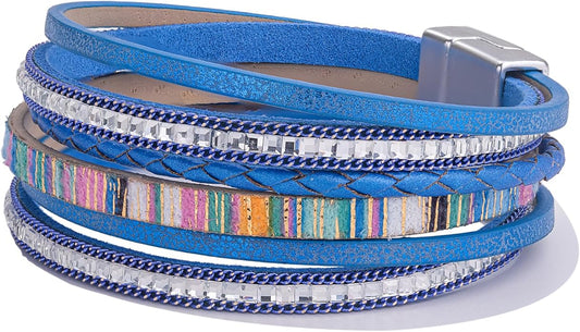 FANCY SHINY Boho Leather Wrap Bracelets Trendy Layered Bracelets with Magnetic Clasp Strackable Bohemian Jewelry Gifts for Women