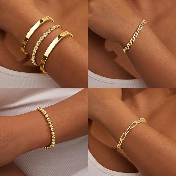 Gold Bracelets for Women Non Tarnish, 14K Gold Plated Chunky Cuff Bracelet Gold Bangles Bracelet for Women Trendy Tie Knot Cuban Rope Paperclip Beaded Bracelet Stack Jewelry Gifts