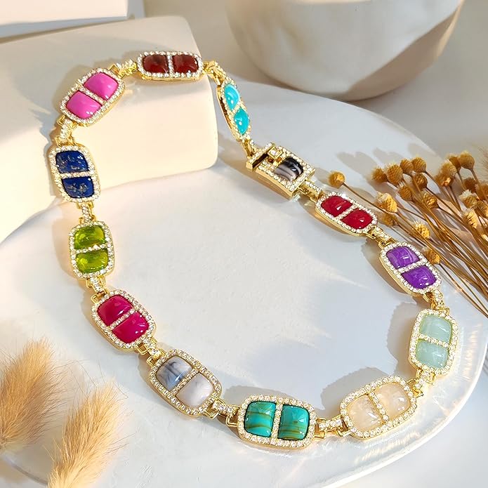Chunky Necklace for Women 12 Colors Diamond Stone Gold Statement Necklace for Women Full Trendy Blue Birthstone Choker Necklace for Women Square Design Necklace Jewelry