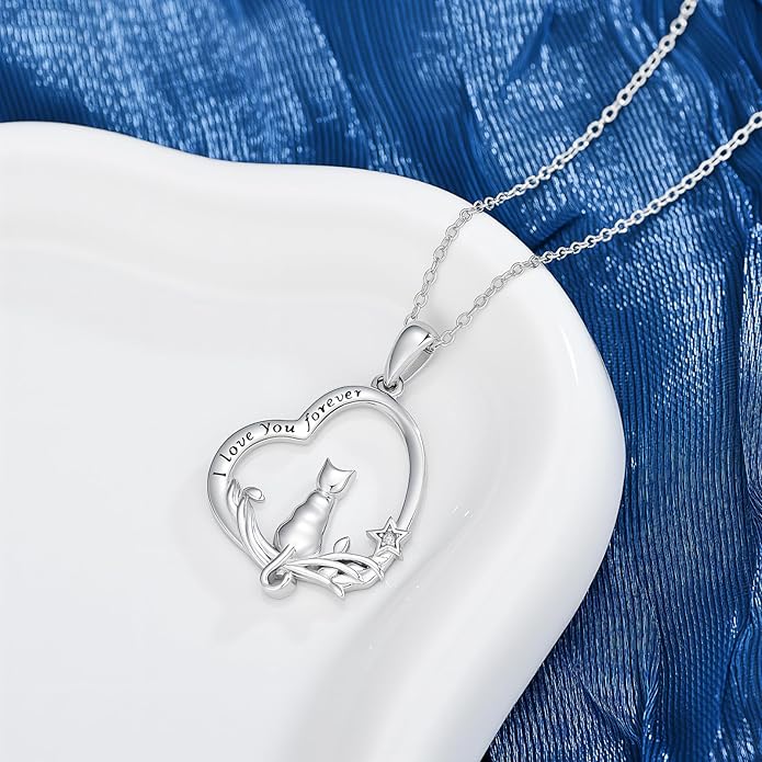 Cat Gifts for Women 925 Sterling Silver Heart Moon Cat Necklace Pendant Women Jewelry Halloween Christmas Gifts