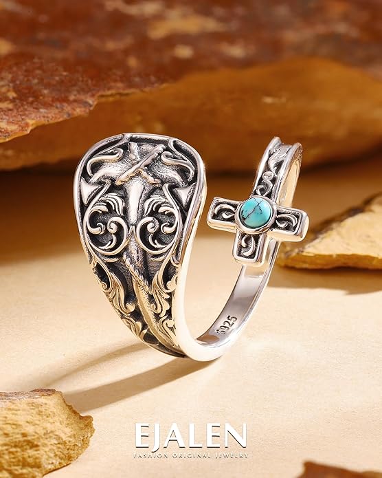 S925-Sterling-Silver Abalone Dragonfly-Turquoise Spoon Ring - Vintage Boho Sunflower Thumb Oxidized Wrap Rings Victorian Style Antique Floral Jewelry Gifts for Women