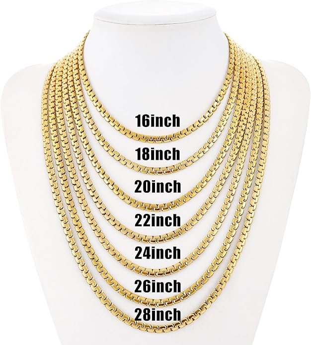 Fiusem Flat Box Chains for Men, 14k Gold Plated Stainless Steel Chain Necklace, 2.5/3/4/4.5/5mm Necklaces for Men and Women 16-28 Inch