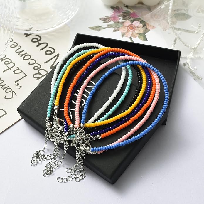 XIJIN 8Pcs Handmade Beaded Anklets for Women Boho Colorful Beads Ankle Bracelets Adjustable Foot Anklet Set
