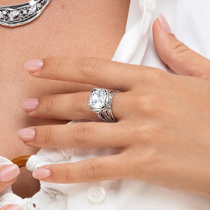 JEAN RACHEL JEWELRY 925 Sterling Silver Ring - Wrap Vintage Design with Cushion Shaped Cubic Zirconia - Hypoallergenic, Lead & Nickel Free - Artisan Handcrafted Statement Rings for Women