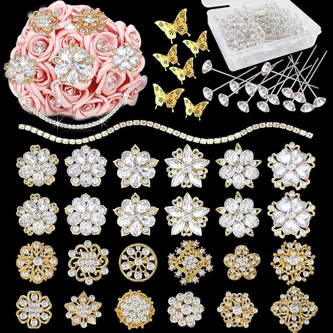 Yhsheen Rhinestone Brooches Bouquet Pins Corsage Boutonniere Pins Crystal Brooch Diamond kits for Wedding Accessories Jewelry Decoration DIY Craft Sewing(Gold)