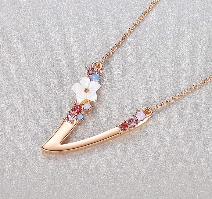 Flower Initial Letter Necklace Pink Red Blue Simulated Pearl Pendant Name Jewelry Made with Austrian Crystals Rose Gold Plated Anniversary Birthday Gifts for Women,18"+2"
