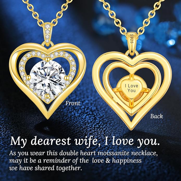 ANDSO Moissanite Heart Pendant Necklaces for Women, 925 Sterling Silver Necklace Engraved with 'I LOVE YOU', Ideal Anniversary Birthday Christmas Jewelry Gifts for Mom Wife Girlfriend Daughter Her