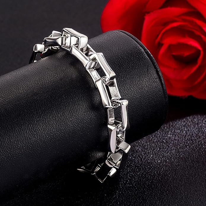 H&Beautimer Solid 925 Silver Bracelet Italian Handmade 0.35/0.4 Inch Box Chain Bracelet for Men's 7,7.5,8,8.5,9,9.5,10 Inch Hip Hop Style Jewelry