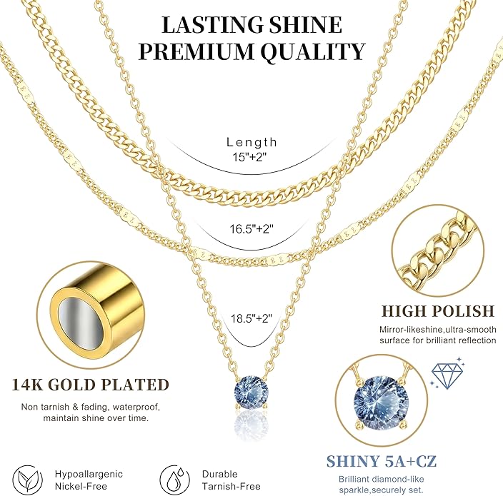 WomenGifts Layered Gold Necklaces for Women, 14K Gold Sterling Silver Plated Dainty Pendant Necklace Set with Cubic Zirconia Circle, Chunky Stackable Cuban Chain Choker, Trendy Personalized Birthstone Jewelry Gift Non Tarnish