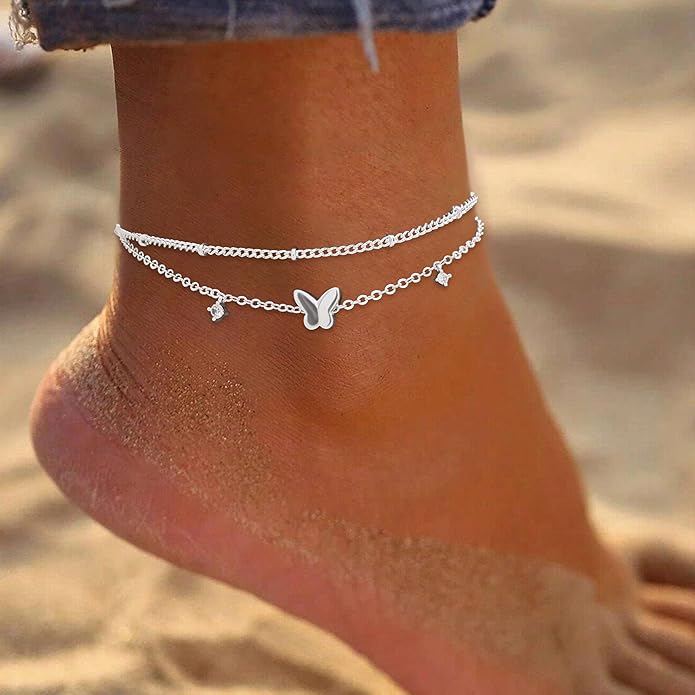 Sterling Silver Anklet Bracelets for Women Waterproof, 925 Sliver Plated CZ & Heart Charm Dainty Layer Anklets for Women Trendy, Simple Chain Anklets Set Gifts for Women, Jewelry Gifts for Her Women Mom Wife Girlfriend