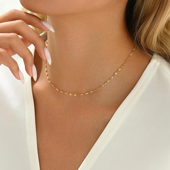 Dainty Chain Necklace for Women, 18K Gold Plated Coin Disc Choker Necklaces Simple Satellite Beaded Twisted Thin Paper Clip Chain Everyday Jewelry Gifts