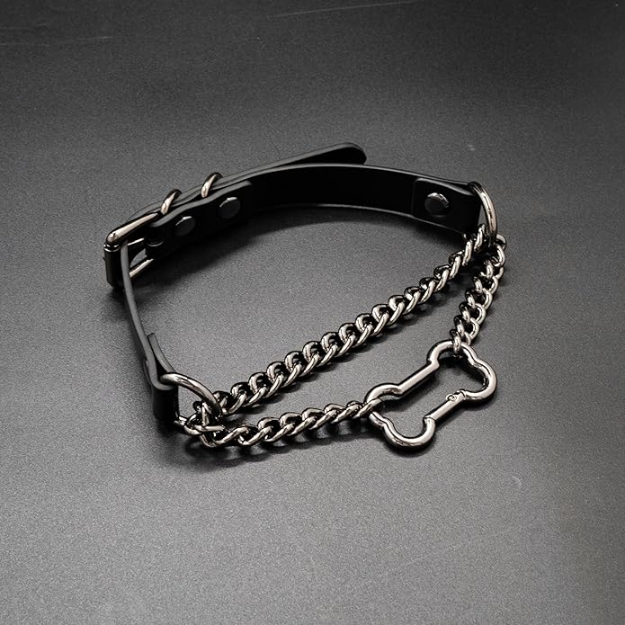 Black/Pink Leather Choker Collar For Women, Handmade Gothic Slip Chain Necklace with Bone Clasp