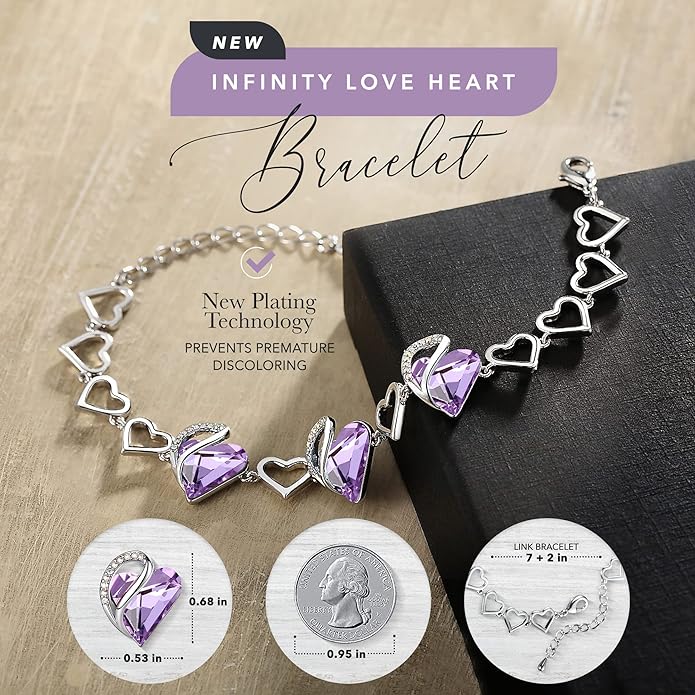 Leafael Infinity Love Heart Link Bracelets, Birthstone or Healing Stone Crystal Bracelet for Women, Silver Tone Jewelry Gifts for Her, 7-inch Chain and 2-inch Extender