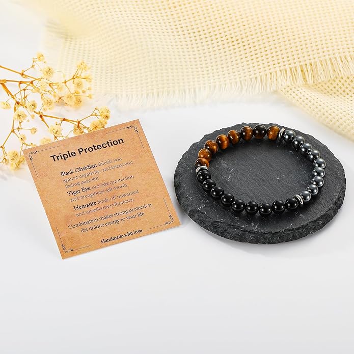 Triple Protection Bracelet for Men, Mens Black Obsidian Hematite Tiger Eye Beaded Natural Stone Evil Eye Bracelet Jewelry Gifts for Birthday Christmas