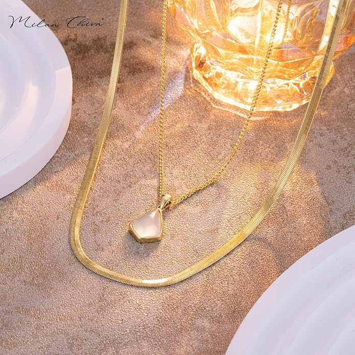 Milan Chiva Gold Pendant Necklace for Women 14K Dainty Cubic Zirconia GemStone Statement Chain Jewelry