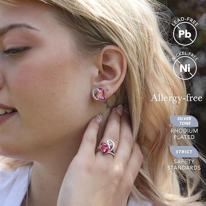 Earrings for Women, Mothers Day Gift for Mom, Heart Birthstone Crystal Stud Earring, Silver Plated Birthday Jewelry