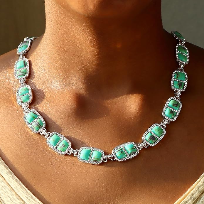 Chunky Necklace for Women 12 Colors Diamond Stone Gold Statement Necklace for Women Full Trendy Blue Birthstone Choker Necklace for Women Square Design Necklace Jewelry