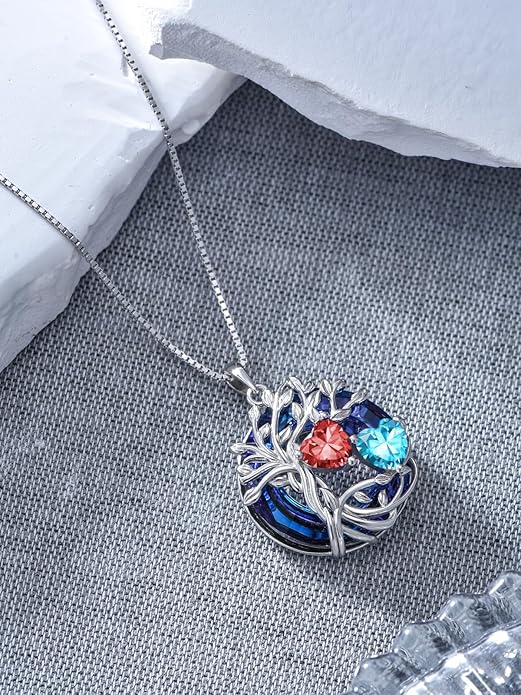 TOUPOP s925 Sterling Silver Family Celtic Tree of Life Pendant Necklaces with 2 Heart Birthstone with Blue Austrian Crystal Jewelry Birthday Anniversary Christmas Gifts for Her Wife Girlfriend Mom (18K Real White Gold Filled)