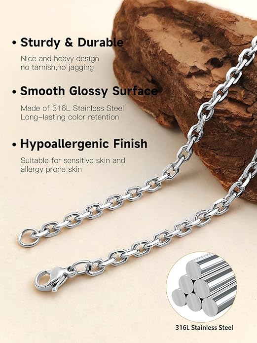 Hoyazvet Cable Chain Stainless Steel Necklace for Men Women, 3/5/8/10/13MM Width, 18K Gold Plated/Black Metal/316L Stainless Steel Sturdy Rolo Link Chain Necklace, 18-30inch Length