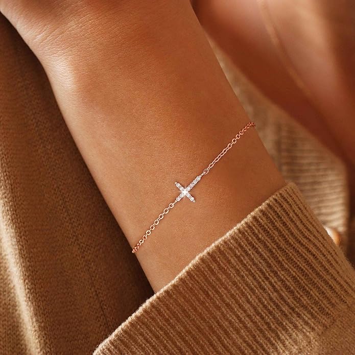 Moodear Christmas Gifts Sotcking Stuffers, Dainty 925 Sterling Silver/14k Gold Plated CZ Cross Bracelet Layered Snake Pearl Chain Knot Bracelets for Women Trendy Religious Christian Jewelry