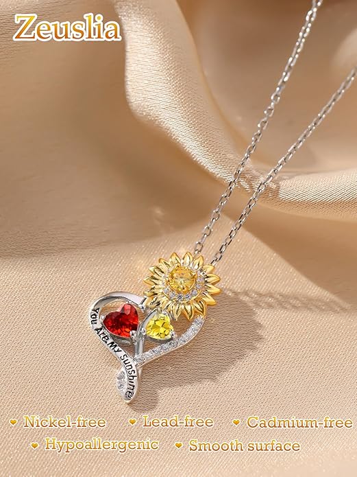Zeuslia Double Birthstone Necklace Gifts for Wife - 925 Sterling Silver Sunflower/Rose/Crown Cross/Compass/Heart Pendant I Love You Necklace, Anniversary Birthday Gifts for Wife Girlfriend Mom Her