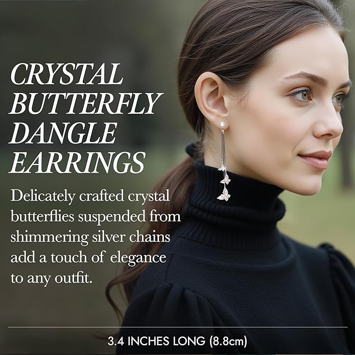 Kruckel Butterfly Dangle Earrings with Crystals (925 Sterling Silver) Includes Present Box – Hypoallergenic, Lightweight, Safe for Sensitive Skin