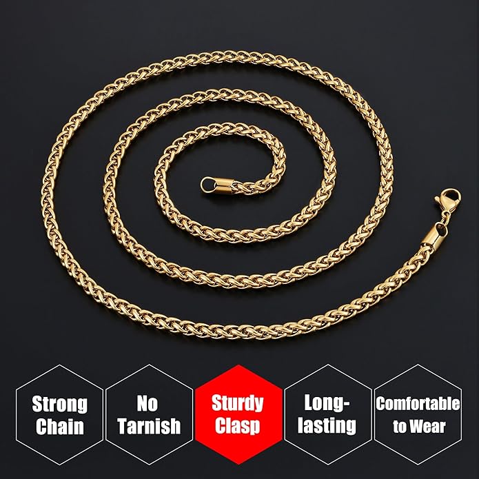 Fiusem Wheat Chains for Men and Women, 2/2.5/3/4/5mm Silver Tone/14K Gold Plated/Black Necklace Chain, Stainless Steel Mens Necklace 16-28 Inch