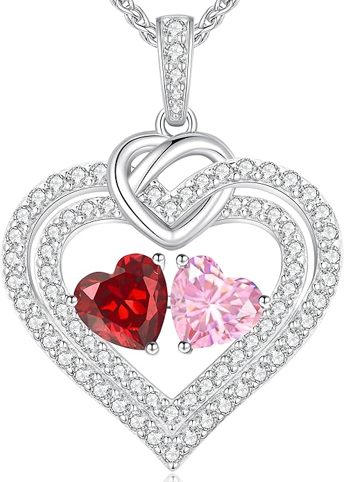LOUISA SECRET Sparkling Double Heart Birthstone Necklaces for Women, 925 Sterling Silver Fine Jewelry, Pendant Heart Necklaces Birthday Anniversary Christmas Gift for Women Wife Mom Girlfriend Lady