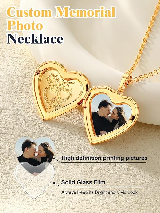U7 Women Locket Necklace Platinum 14K Gold Photo Lockets that Hold Picture,Chain 20 Inch Personalized Gift Custom Love Heart Image Necklaces