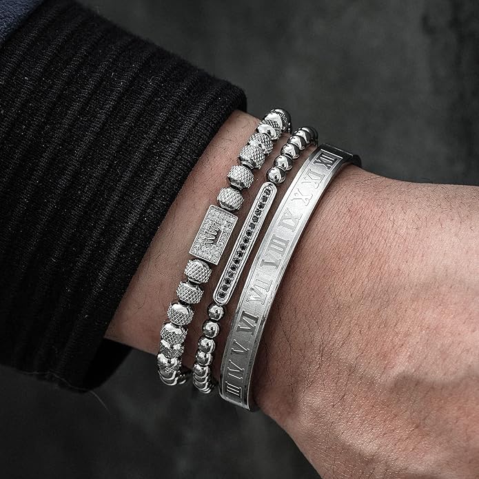 WFYOU 3PCS Stainless Steel Bracelets for Men Gold Roman Numeral Bangle Bracelet Twisted Cable Bracelet Adjustable Cuff Bracelet Mens Luxury Jewelry Bracelets Gifts