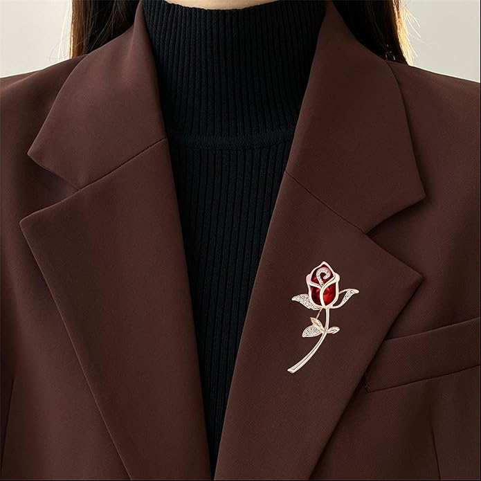 GBAHFY Red Rose Flower Brooch with Rhinestones Sparkling Crystal Floral Pin for Women