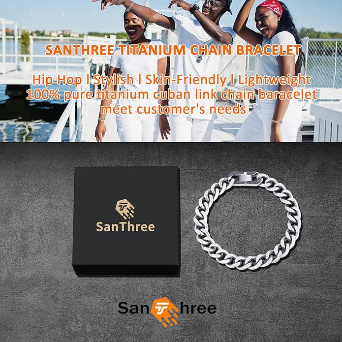 SanThree 9.5mm Solid Titanium Cuban Link Chain Bracelet for Men, Lightweight Skin-Friendly Hip Hop Bracelets for Birthday Graduation Friendship, 7"/7.5"/8",8.6"-9", Come with Gift Box