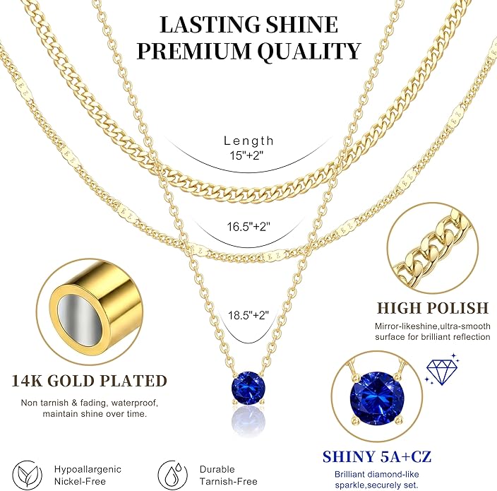 WomenGifts Layered Gold Necklaces for Women, 14K Gold Sterling Silver Plated Dainty Pendant Necklace Set with Cubic Zirconia Circle, Chunky Stackable Cuban Chain Choker, Trendy Personalized Birthstone Jewelry Gift Non Tarnish