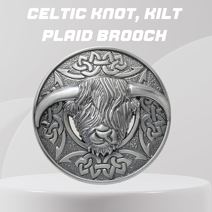 Highland Cow Kilt Brooch with Celtic Knot - Traditional Scottish Helian Coo Plaid Brooches for Men – Handcrafted Tartan Sash Pin, Luxurious Accessory for Women’s Dress