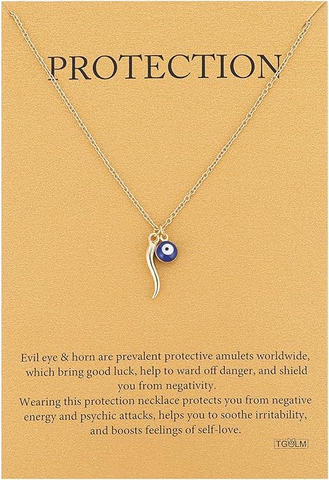 Dainty Blue Evil Eye Charm Horn Pendant Necklace for Women's Spiritual Protection Jewelry 14K Gold Plated