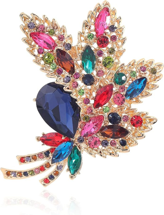 YOQUCOL Big Large Brooch Pin Austrian Crystal Leaf Shape Bouquet Rhinestone Scarf Decoration Wreath Cloth Brooches Pins For Women Girls