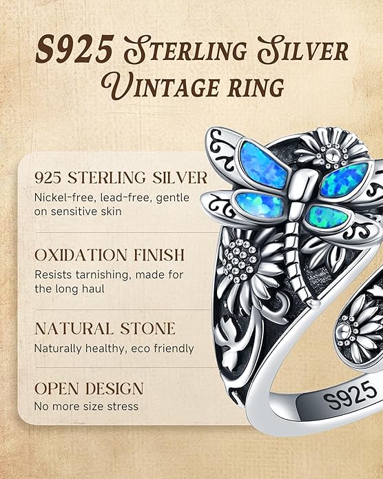 S925-Sterling-Silver Abalone Dragonfly-Turquoise Spoon Ring - Vintage Boho Sunflower Thumb Oxidized Wrap Rings Victorian Style Antique Floral Jewelry Gifts for Women
